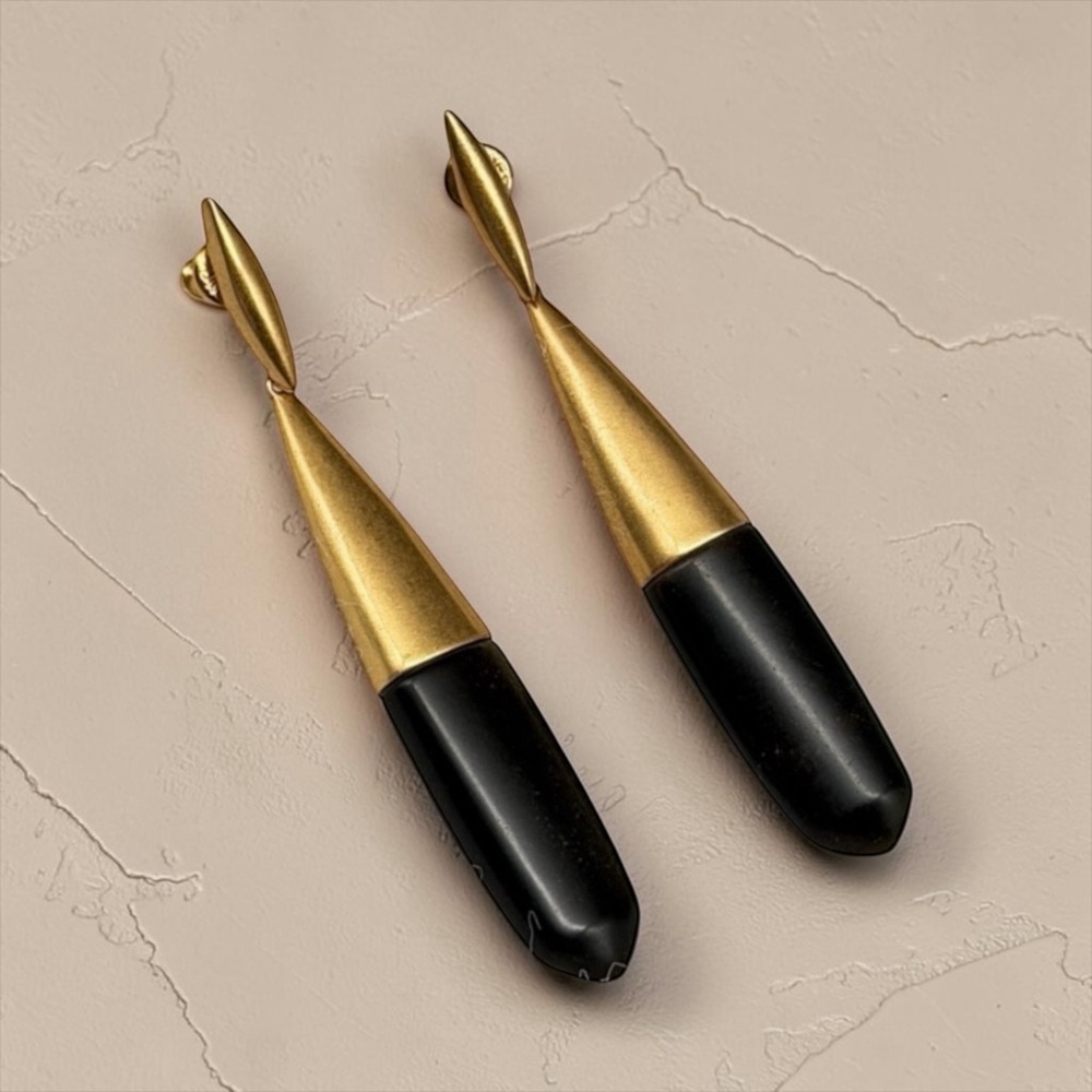 Kendra Scott Freida Linear Earrings – Vintage Gold & Golden Black Obsidian 2.5”